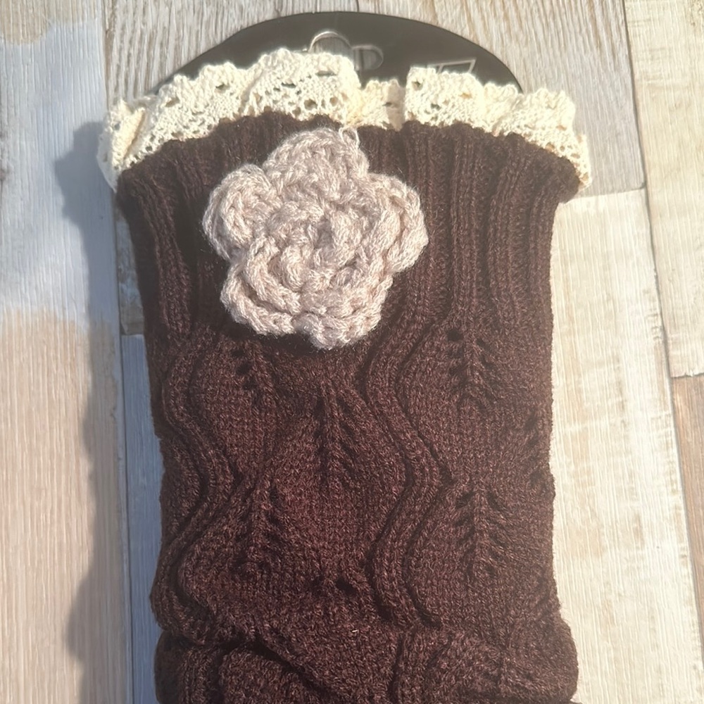 Brown Cable Knit Sweater Leg Warmers with Cream Lace Trim and crochet Flower